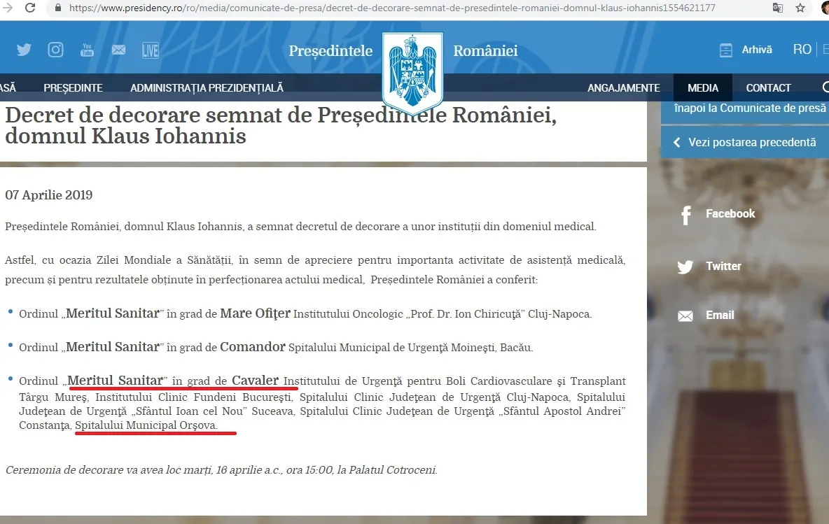 SPITALUL DIN ORȘOVA, DECORAT DE PREȘEDINTELE ROMÂNIEI