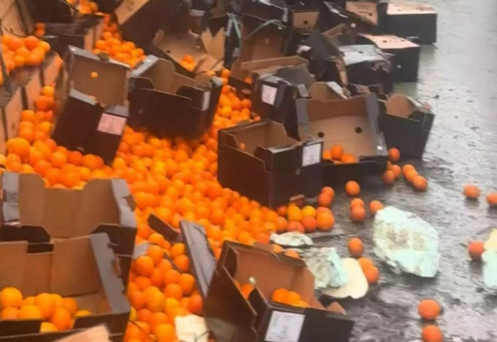 Un TIR plin cu portocale s-a răsturnat, iar oamenii s-au înghesuit pe șosea să le adune